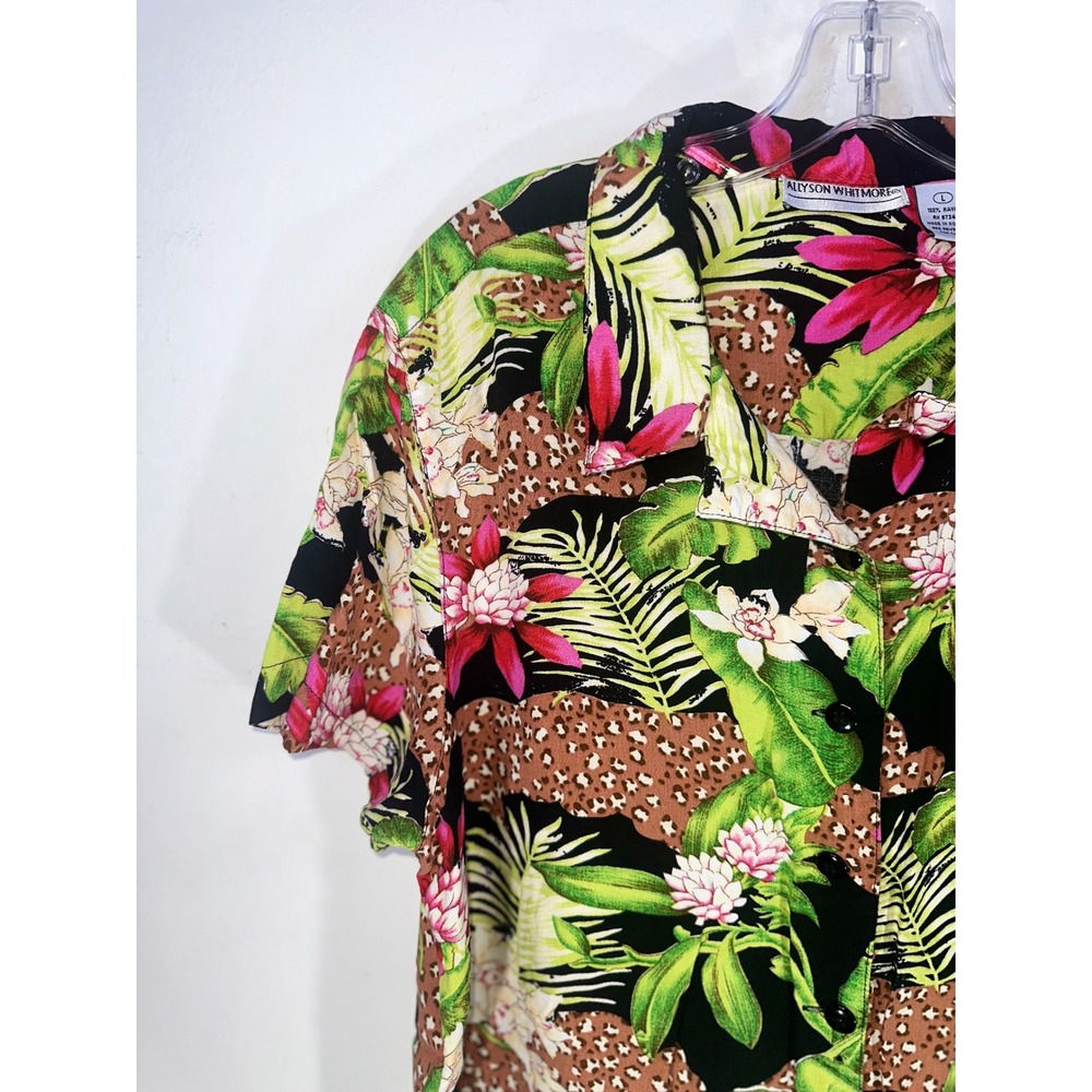 Allyson Whitmore Vintage Tropical Leopard Floral Rayon Button Down Shirt Large